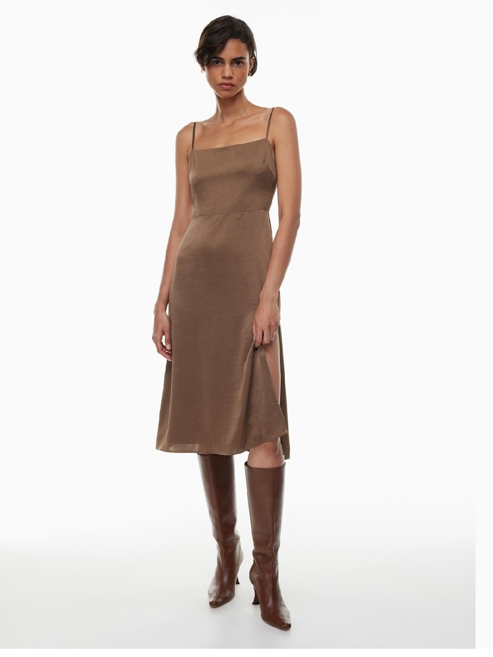 Sleek Brown Slip Midi Dress with Side Slit